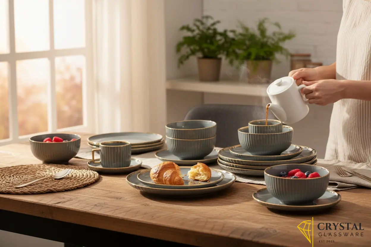 32-piece ceramic dinner set featuring a ribbed texture and gold trim